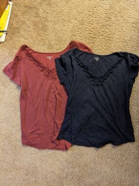 LOFT Short Sleeve Lace-Trim Tees - Navy and Rust